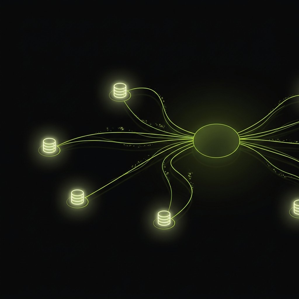 Abstract network visualization showing CRM database nodes connected by data flow lines to a central AI processing hub