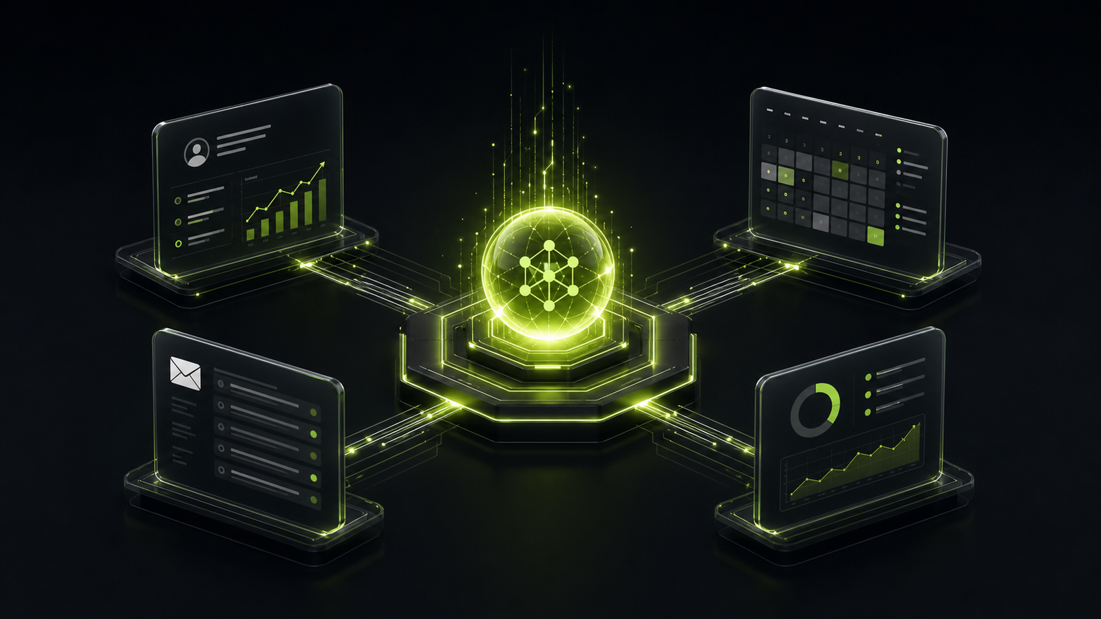 Abstract visualization of an AI agent connecting business systems through data flows