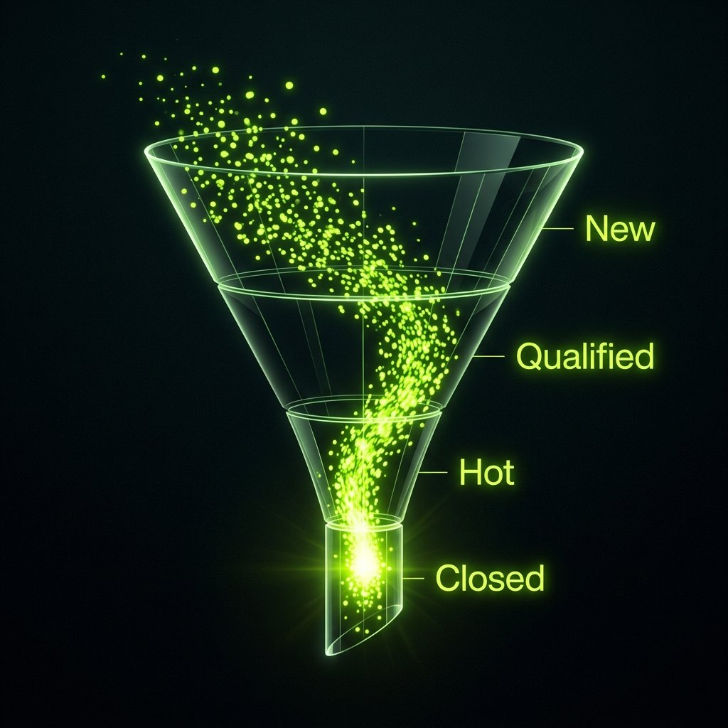 AI lead scoring funnel visualization for real estate agents showing leads flowing from New to Qualified to Hot to Closed