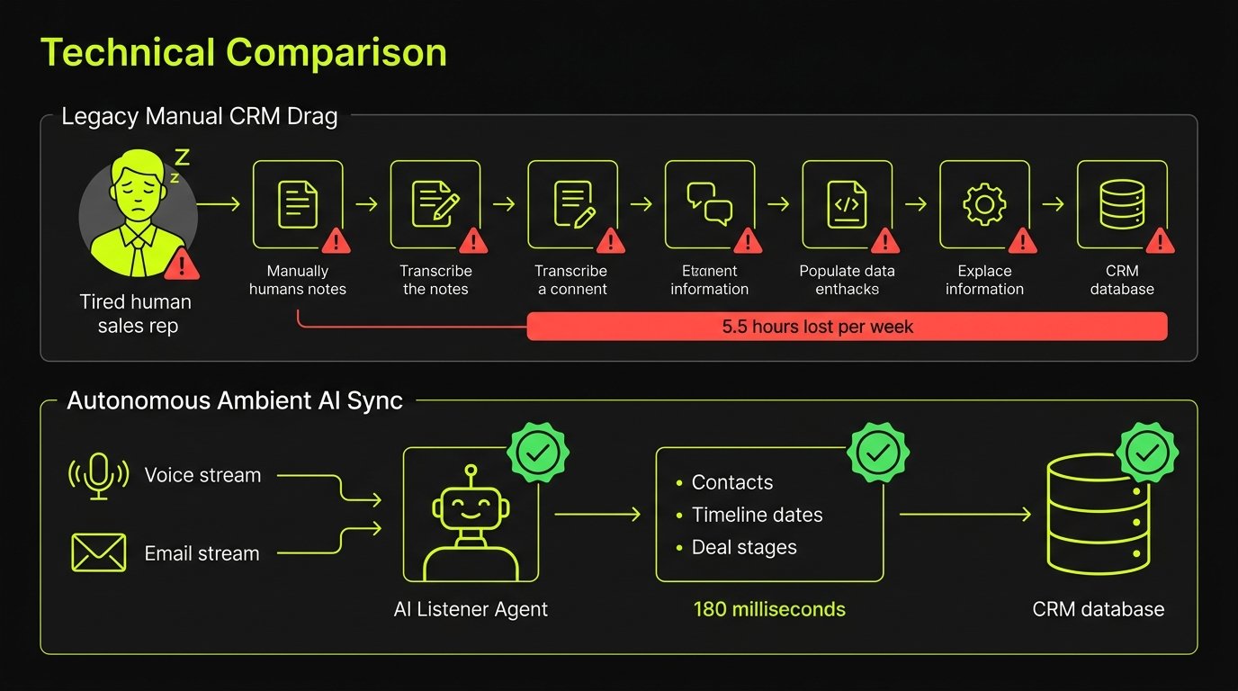 Technical comparison infographic of manual CRM note taking versus autonomous ambient AI sync