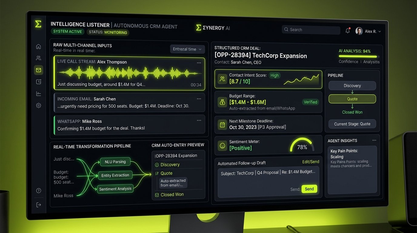 Autonomous AI CRM listener agent interface transforming raw voice and email streams into structured deal stages