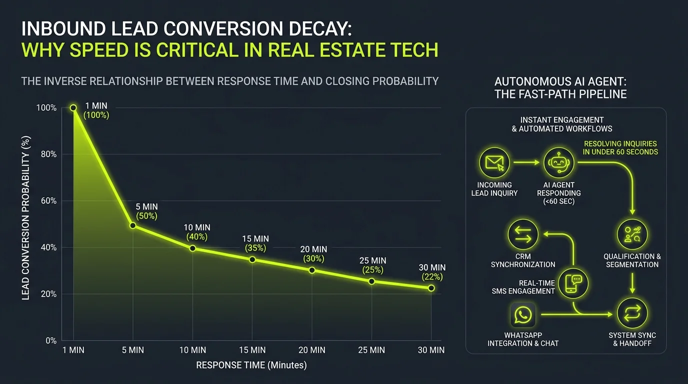 Inbound lead conversion decay chart illustrating probability drop from 1 minute down to 30 minutes alongside an autonomous AI agent fast-path pipeline