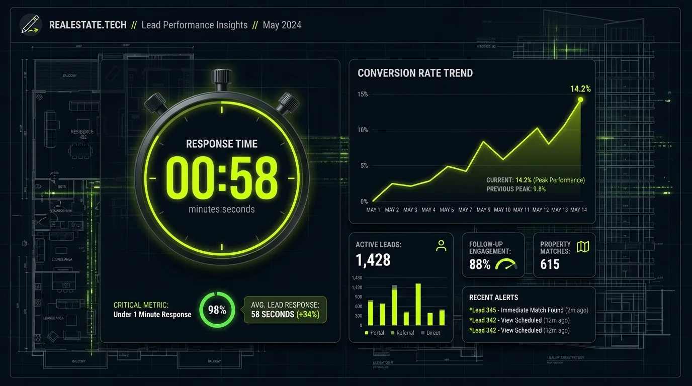 Speed to lead performance dashboard displaying a 58-second response time and climbing lead qualification metrics
