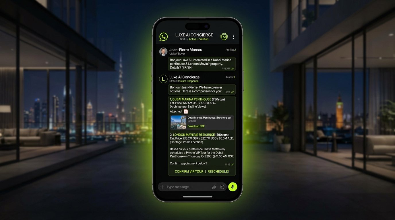 Autonomous AI WhatsApp concierge interface displaying multi-currency penthouse inquiries and verified brochure dispatch